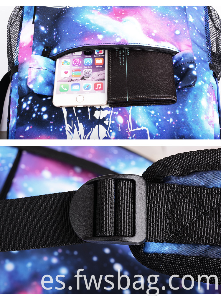 Hot Unisex Fashion Galaxy Anime Mochila luminosa Mochila de la escuela al aire libre con puerto USB Charing Port